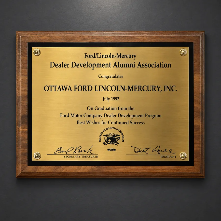 Ford Lincoln-Mercury Dealer Development Alumni Association plaque