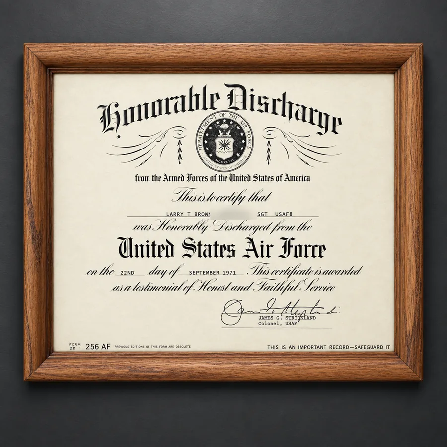 Framed honorable discharge certificate, United States Air Force