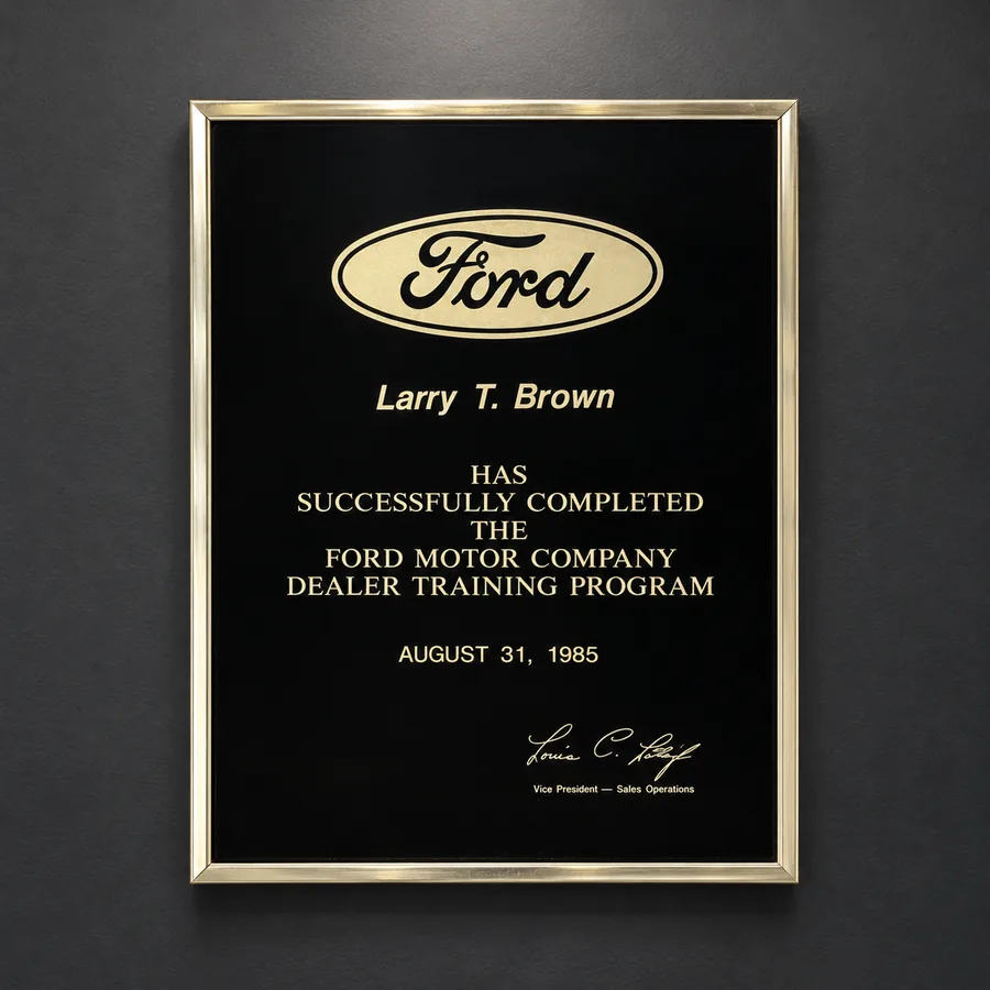Ford Motor Company Dealer Training Program plaque