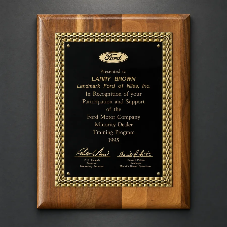 Ford Motor Company Minority Dealer Training Program plaque