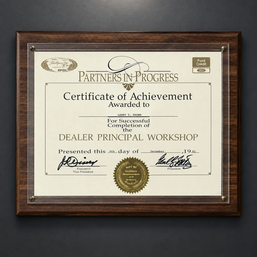 Partners in Progress Dealer Principal Workshop certificate