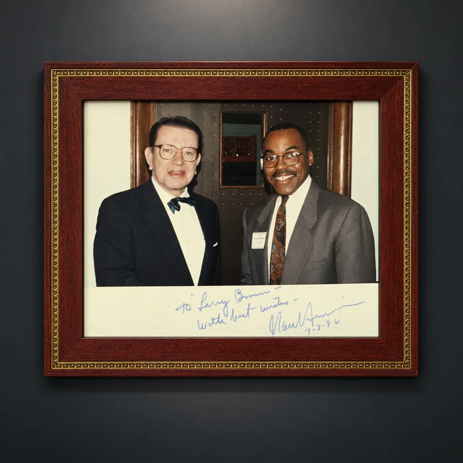 Signed framed photograph inscribed to Larry Brown, 1986