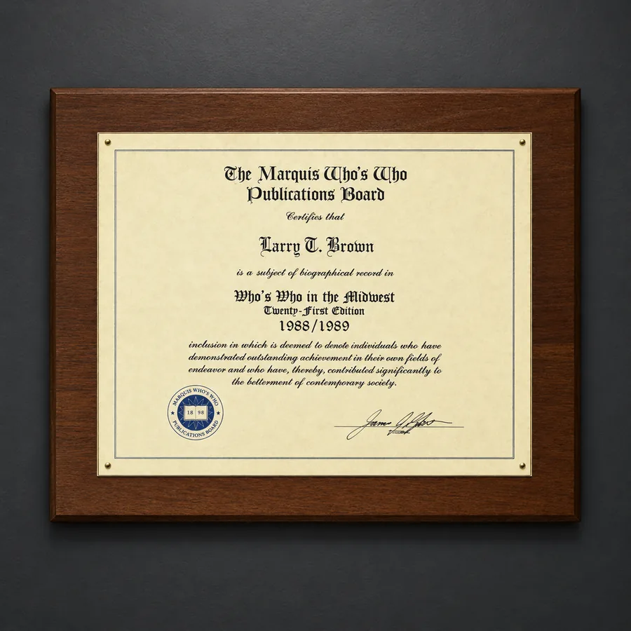 Marquis Who's Who in the Midwest certificate plaque