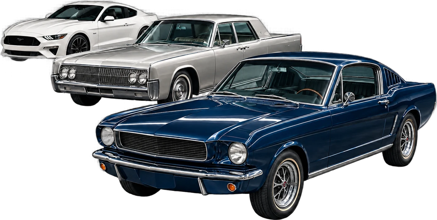 A 1965 Ford Mustang fastback in midnight blue, a silver 1960s Lincoln Continental and a white modern Ford Mustang