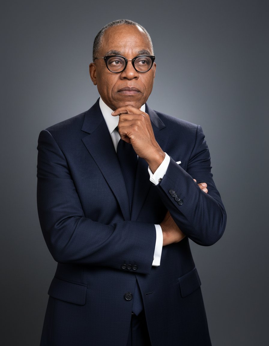 Larry Thomas Brown, hand to chin, arms folded
