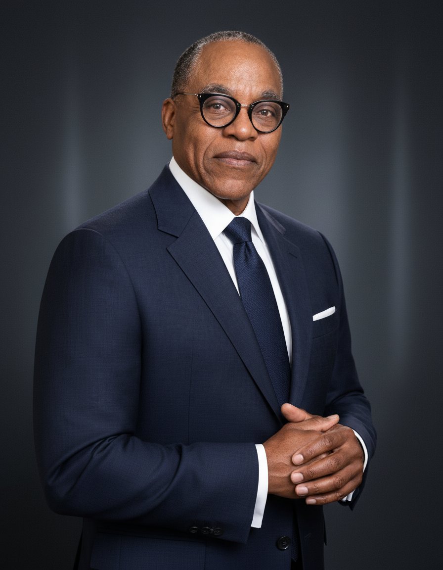 Larry Thomas Brown in a navy suit and dark-rimmed glasses, hands clasped