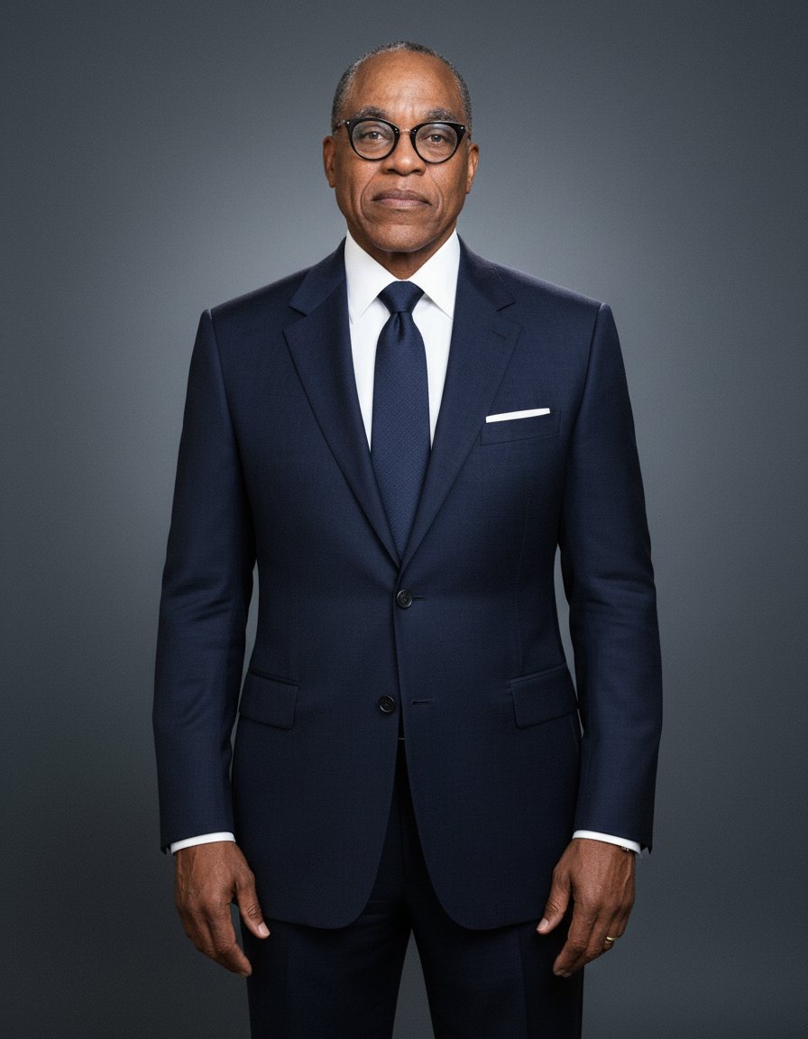 Larry Thomas Brown standing in a navy suit and dark-rimmed glasses