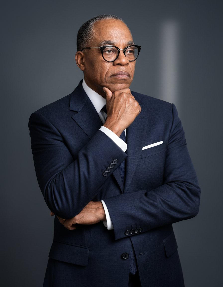 Larry Thomas Brown in thought, hand to chin